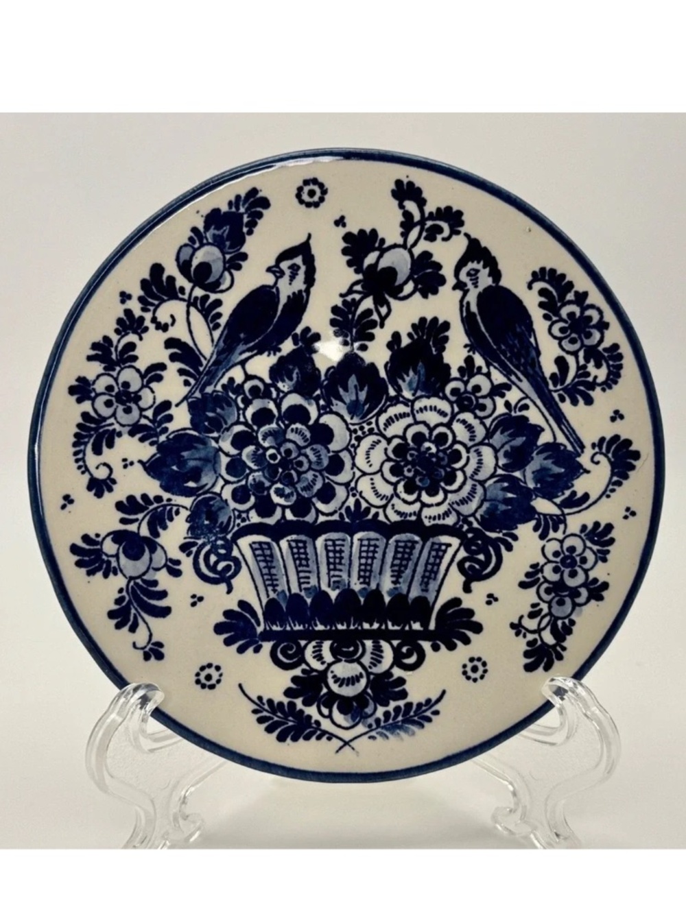Delfts Plate 4 inch Blue White Glazed Ceramic Holland 1990s Decorative w/stand